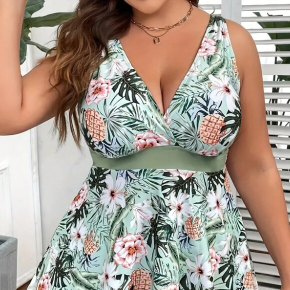 Women's Plus Size 2Pc Tropical Print Summer Tankini Bathing Suit Set 16W - 18W - Picture 5 of 11